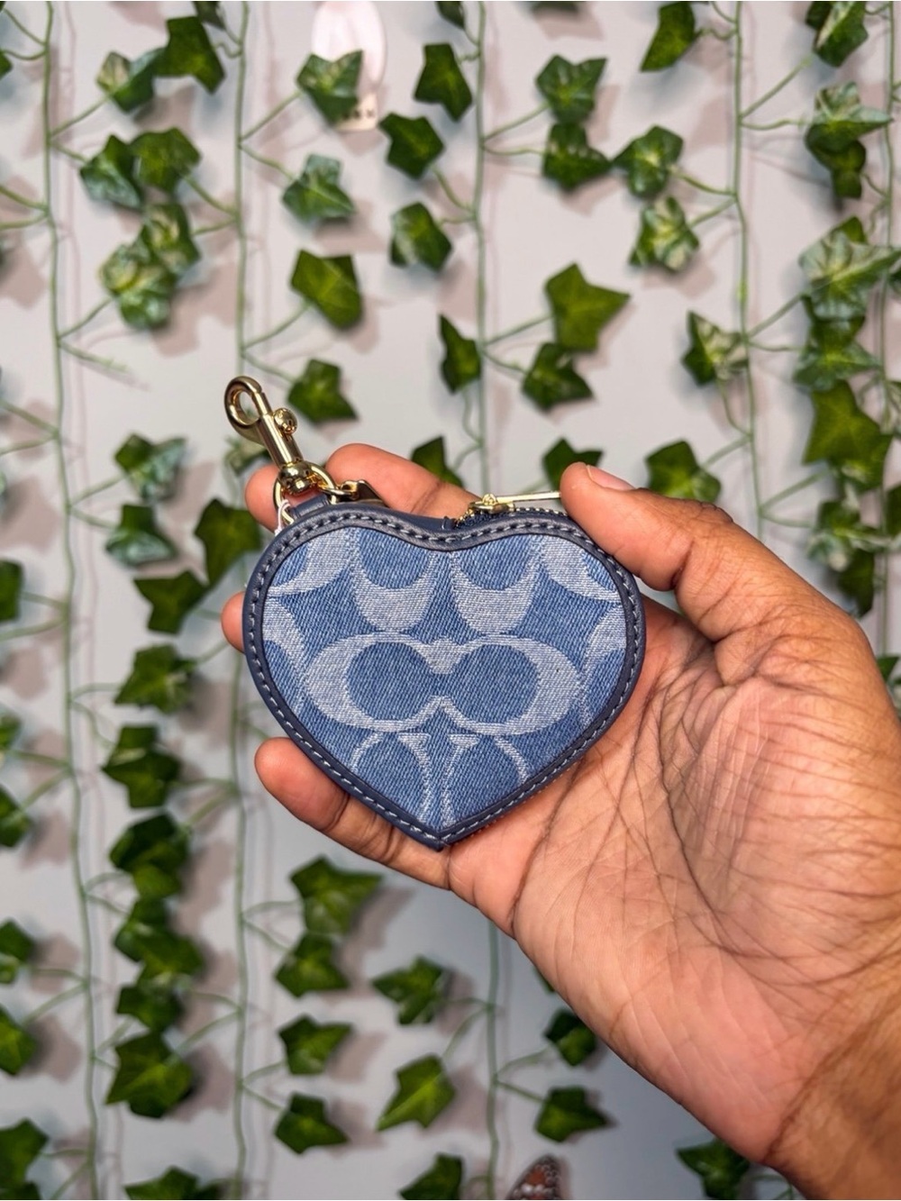 Coach Blue Denim Heart Coin Purse Keychain with Gold-Tone Clasp